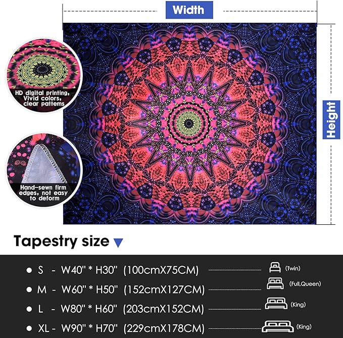 ADDWel Blacklight Mandala Boho Tapestry Glow In The Dark, Black Light Bohemian Hippie Poster Wall Hanging for Bedroom Aesthetic Wall and Room Decor (60" x 80", Mandala)