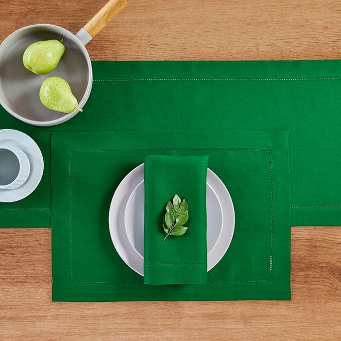 Solino Home Linen Garden Green Table Runner 108 Inches Long - 100% Pure Linen Hemstitch 14 x 108 Inch Table Runner for Dining - Classic Hemstitch