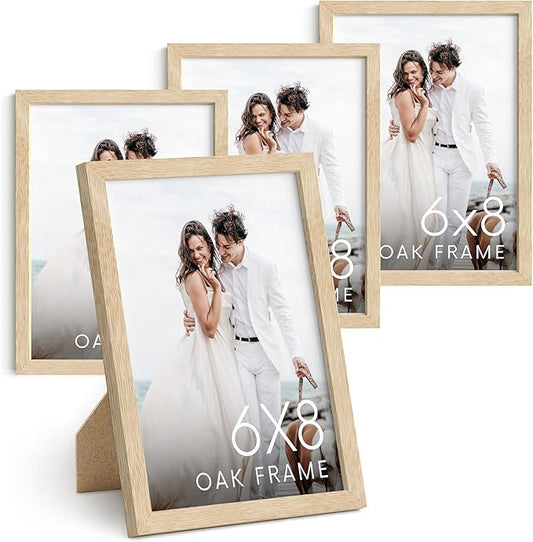 HAUS AND HUES 6x8 Natural Oak Wooden Picture Frame - Set of 4 6x8 Poster Frame - Premium Oak, Vertical Hang, Shatterproof Plexiglass - Ideal for Home, Room, Office (6x8-inch, Natural, Set of 4)