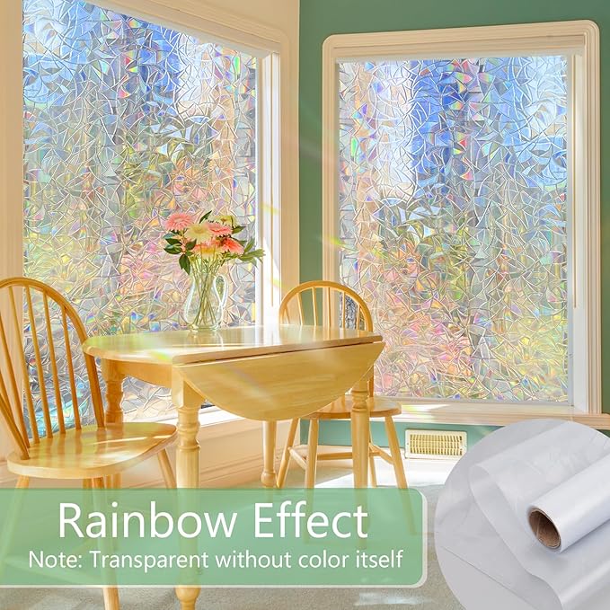 HIDBEA Window Privacy Film Static Clings, Rainbow Window Film, 3D Decals Non-Adhesive Window Vinyl Film for Home Door, 23.6 Inch x 6.5 Feet