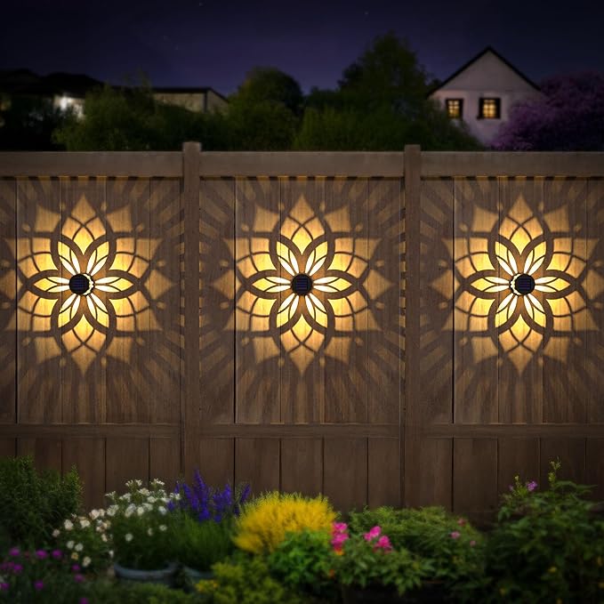 2 Pack Solar Fence Lights Metal Solar Powered Outdoor Wall Deck Step Lights Mandala Theme Waterproof Fence Light for Garden Post Patio Backyard Yard Decor, Gardening Gifts for Women Mom Grandma
