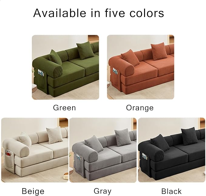 107" Oversized Convertible Sleeper Sofa Bed, Corduroy L Shape Sectional Couch, Folding Sofa Bed with Side Pocket, Modern Cloud Floor Mattress Couch, Modular Sofa for Living Room, Grey