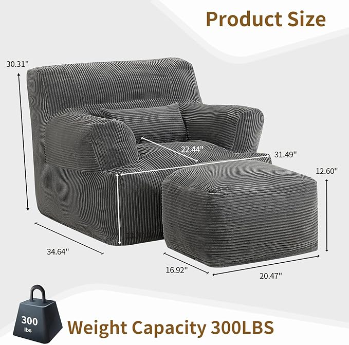 Comfy Gaint Bean Bag Chair with Ottoman, Huge Bean Bag Armchair for Adults and Teens, Dark Grey