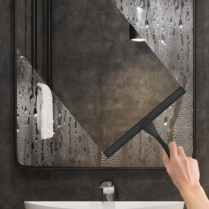 All-Purpose Stainless Steel Shower Squeegee for Shower Doors with 2 Adhesive Hooks, Bathroom Cleaner Tool Household Window Mirror Squeegee for Home Cleaning, Glass Door, Tile Wall, Car, 14 Inch Black