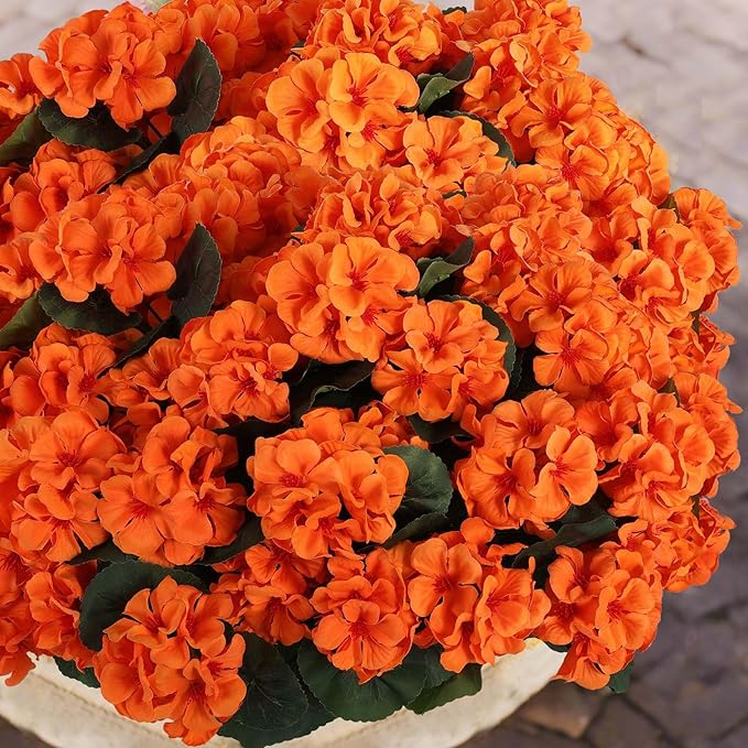 Hananona 6 Bundles Artificial Geranium Flowers for Outdoors Orange Silk Geranium Flowers Outdoor UV Resistant Plants Faux Fall Flower for Home Kitchen Autumn Table Centerpieces Decor (6, Orange)
