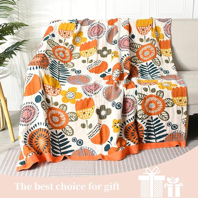 Boho Throw Blanket for Bed - 100% Pure Cotton Ultra Soft Rustic Quilt - Farmhouse Decor Bed Blankets, All Season Rustic Throw for Sofa Couch Chair(80''x 90'', Floral Print 2)