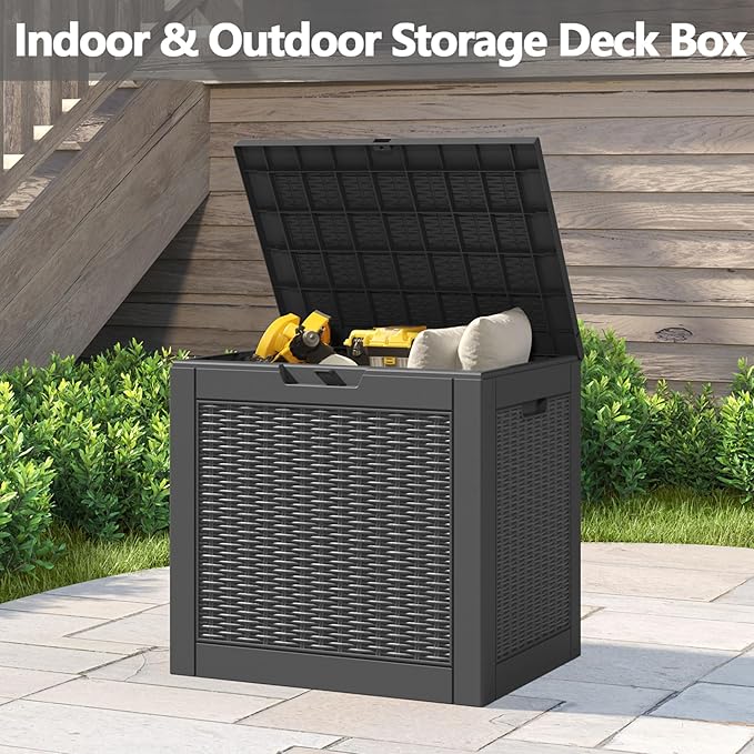 31 Gallon Deck Box, Resin Outdoor Storage Box, Waterproof and UV Resistant Deck Box, Lightweight Storage Box for Garden Tools, Pool Supplies