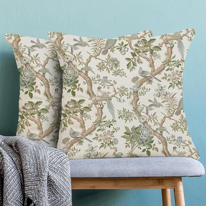 CXMEIFLY Chinoiserie Spring Pillow Covers 18 x 18 Inch Set of 2 for Sage Green Blue Vintage Flowers Bird Decor Throw Pillows Plant Farmhouse Outdoor Decorative Cushion Cases for Couch Bed Decorations