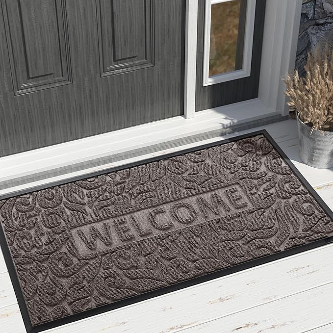 Yimobra Welcome Front Door Mat Outdoor, Heavy Duty Sturdy Non Slip Doormats, Rubber Backing, Low-Profile Entrance Rugs, Absorbent Resist Dirt, Easy Clean Patio Garage Floor Mats, 47X24 Inch, Brown