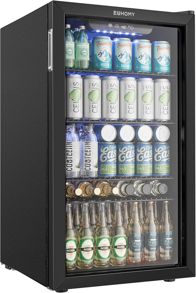EUHOMY Beverage Refrigerator and Cooler, 128 Can Mini fridge with Glass Door, Small Refrigerator with Adjustable Shelves for Soda Beer or Wine, Home/Bar/Office, Black