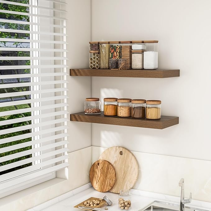 RICHFOCUS 31.5Inch Floating Shelves for Wall 2 Pack Shelves for Bedroom|Kitchen|Bathroom Wall Mounted Rustic Wood Floating Shelf with Invisible Brackets for Books|Storage|Decor, Walnut