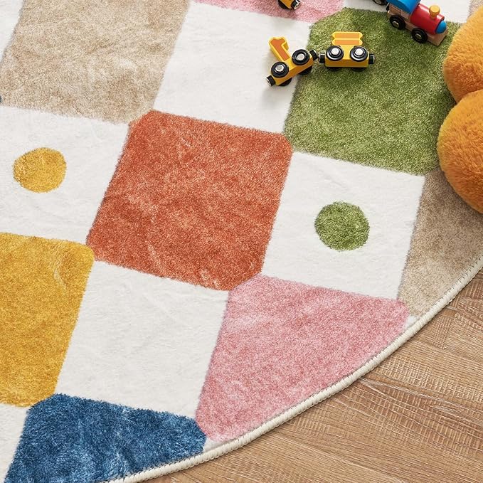 jinchan Round Rug 5ft Kids Washable Rug Indoor Floor Cover Non-Slip Soft Elementary School Classroom Modern Colorful Diamond Carpet for Nursery Daycare Bedroom Playroom Living Room Circus on Cream