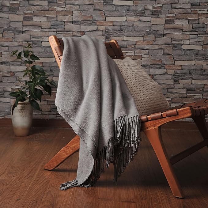 CUDDLE DREAMS Silk Throw Blanket with Hand-Knotted Fringe, Natural, Soft & Breathable (Gray)
