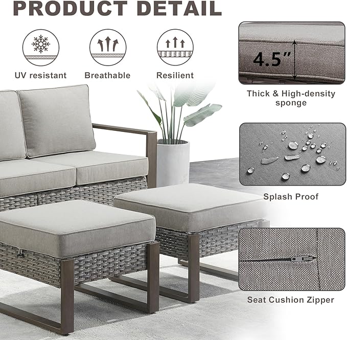 Outdoor Ottoman Wicker Patio Footrest - 2 Piece Wicker Footrest Footstools Set with Sturdy Frame,All-Weather PE Wicker, Thick Cushions for Deck Porch Garden(Mixed Grey/Grey)