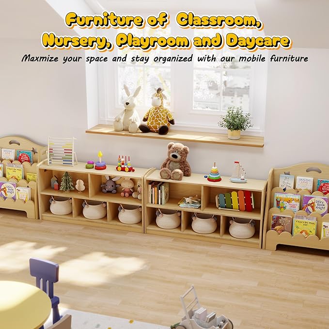 2-Tier Wood Montessori Cabinet for Kids, Toddler Room Book Shelves Toy Organizers and Storage, Small Book Shelf Storage for Baby Children, Furniture of Classroom, Nursery, Playroom