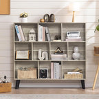 LEYAOYAO 10 Cube Bookshelf,3 Tier Modern Wide Bookcase with Legs,Mid-Century Wood Bookshelves Storage，Retro Grey Large Book Case,Freestanding Organizer Display Shelf for Bedroom,Living Room,Office