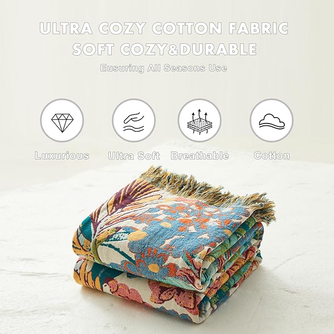 MSGKV Boho Throw Blanket for Bed Twin Size Cotton Muslin Breathable Vine Blanket 60"x80" Sofa Couch Blankets for All Seasons Lightweight Farmhouse Blankets Boho Home Decor