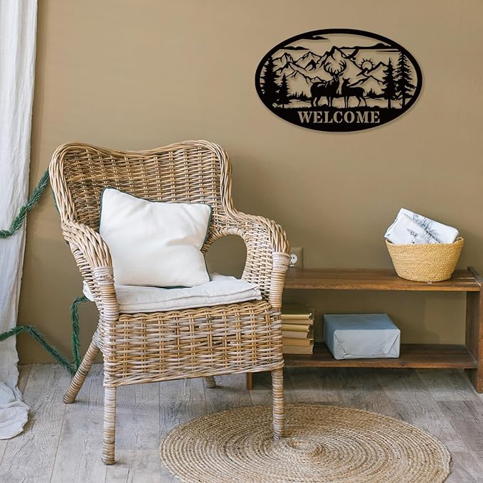 Rustic Metal Deer Cabin Sign, Outdoor Welcome Sign for Front Porch, Great Gift for Hunters, Farmhouse Cabin Decor
