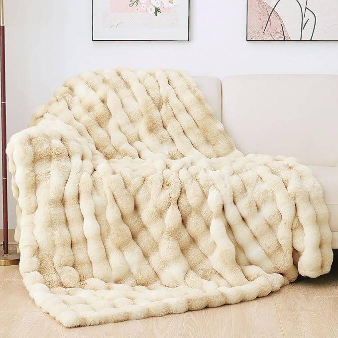 Tie-dye Camel Faux Fur Rabbit Thick Throw Blanket for Couch Living Room 50x60 Fluffy Bed Furry Comforter Soft Blanket Best Housewarming Home Gifts 860 GSM