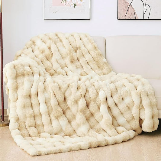 Tie-dye Camel Faux Fur Rabbit Thick Throw Blanket for Couch Living Room 50x60 Fluffy Bed Furry Comforter Soft Blanket Best Housewarming Home Gifts 860 GSM