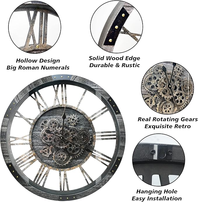 DORBOKER 27" Real Moving Gears Large Wall Clock with Toughened Glass Cover, Giant Wood Farmhouse Clock, Oversized Vintage Industrial Rustic Clock for Living Room Decor Home Kitchen (Carbon Grey)