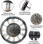 DORBOKER 27" Real Moving Gears Large Wall Clock with Toughened Glass Cover, Giant Wood Farmhouse Clock, Oversized Vintage Industrial Rustic Clock for Living Room Decor Home Kitchen (Carbon Grey)