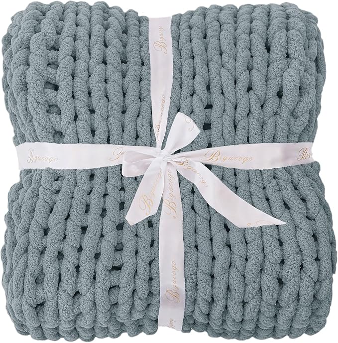 Bigacogo Chunky Knit Throw Blanket for Couch, 40x40 inches, 100% Hand Knitted with Thick Jumbo Chenille Yarn, Cozy Soft Large Rope Knot Cable Crochet Blankets for Sofa Bed Living Room, Dusty Blue
