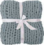Bigacogo Chunky Knit Throw Blanket for Couch, 40x40 inches, 100% Hand Knitted with Thick Jumbo Chenille Yarn, Cozy Soft Large Rope Knot Cable Crochet Blankets for Sofa Bed Living Room, Dusty Blue