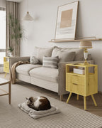 Nightstand with Charging Station and LED Lights,Modern Bedside Table with 2 Storage Drawer and Open Wood Shelf, for Bedroom and Small Spaces,Night Stand with Solid Wood Legs (Yellow Oak)