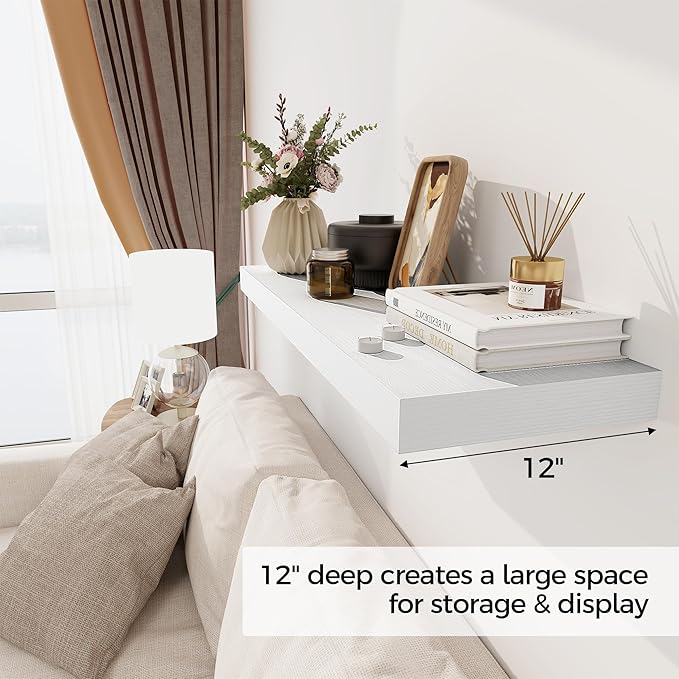 White Floating Shelves 36 Inch Long, 12 Inch Deep Floating Shelves for Wall, 36 x 12 Shelves for Wall Storage & Display, 2" Thick Floating Shelf for Bathroom, Living Room, Bedroom, Set of 1