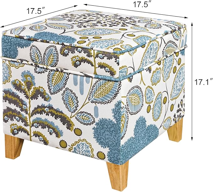 Adeco 18 Inch High Cube Ottoman Storage, Linen Chair Foot Stools, Upholstered Vanity Stool with Hinged Lid, Solid Wood Legs (Blue Leaves)