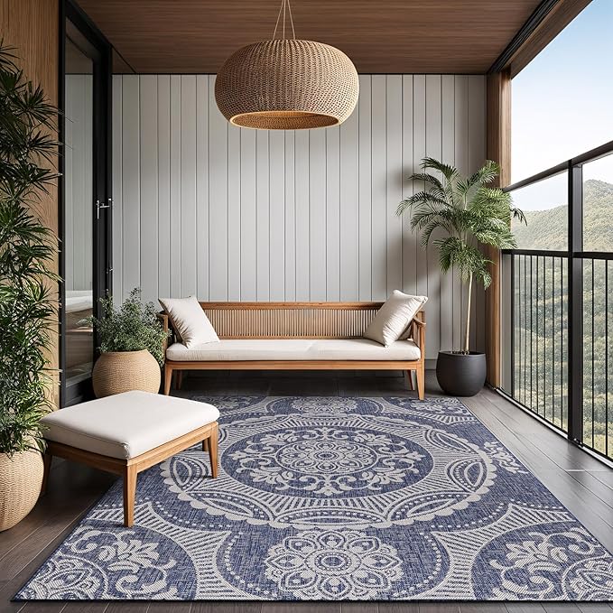 Medallion Outdoor Rug 6x9 Washable Outside Carpet for Indoor Patio Porch Waterproof Easy Cleaning Non Shedding Area Rugs Blue 6 x 9