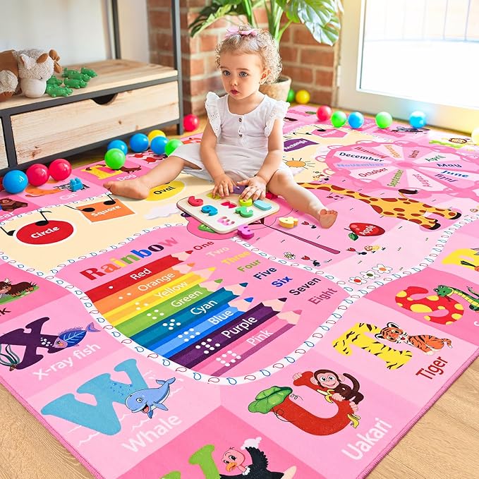Kids Rugs for Playroom Bedroom Classroom Nursery, Non-Slip and Washable Rugs for Children Toddlers Girls, Educational and Fun Rug Carpets with ABC Alphabet Animals Shapes, 7x10, Pink