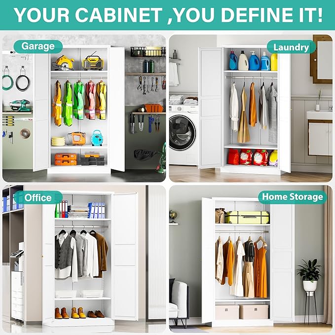 Metal Wardrobe Cabinet with Hanging Rod,White Armoire Wardrobe Closet,Metal Clothing Storage Cabinet with Adjustable Shelves and Doors,72" Wardrobes Storage Cabinet for Home,Living/Laundry Room