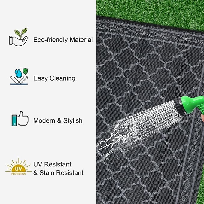 GAOMON Outdoor Plastic Straw Rug, 10'x14' Reversible Sage Green Patio Mat, Flower Modern Design for RV, Backyard, Deck, Camping, Picnic, Black/Grey(Geometric)