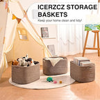 Storage Baskets for Organizing Shelves, Woven Cotton Rope Bins for Baby Nursery Organization, Book Toy Towel Organizer, 15"x11"x9.5", 3 Packs, Dark Brown
