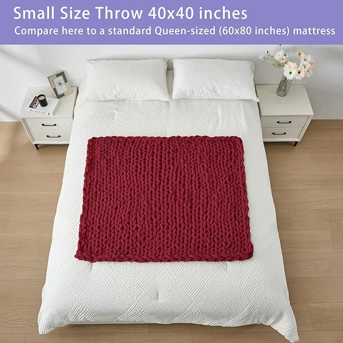 Bigacogo Chunky Knit Throw Blanket for Couch, 40x40 inches, 100% Hand Knitted with Thick Jumbo Chenille Yarn, Cozy Soft Large Rope Knot Cable Crochet Blankets for Sofa Bed Living Room, Red