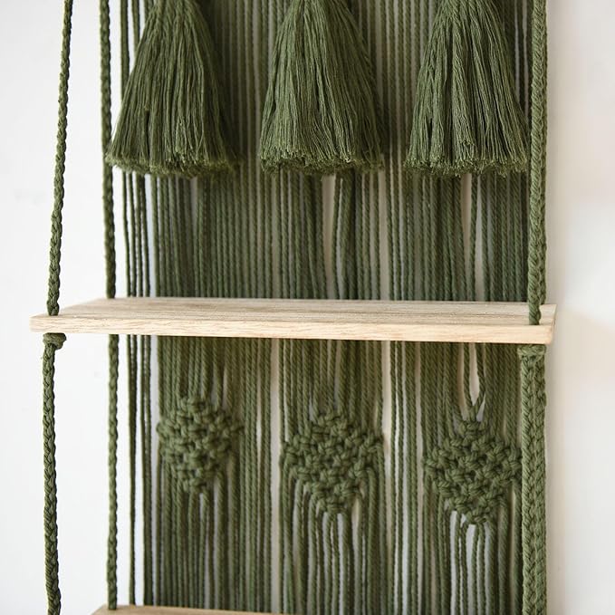 Hanging Shelf Macrame Wall Hanging Green Boho Shelfs with Tassels 2 Tier Floating for Plants Bedroom Dorm Living Room Wall Decor Rustic Wooden Organizer(Wood)