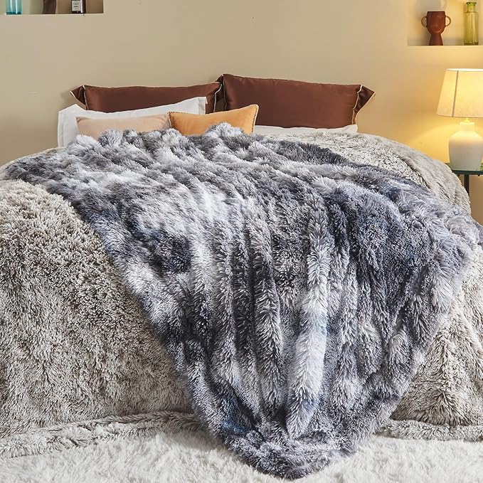 GONAAP Fuzzy Faux Fur Throw Blanket Queen Size Tie-dye Marble Black Super Soft Cozy Plush Fuzzy Shaggy Blanket for Couch Sofa Bed (Tie-dye Marble Black, Queen(90"x90"))
