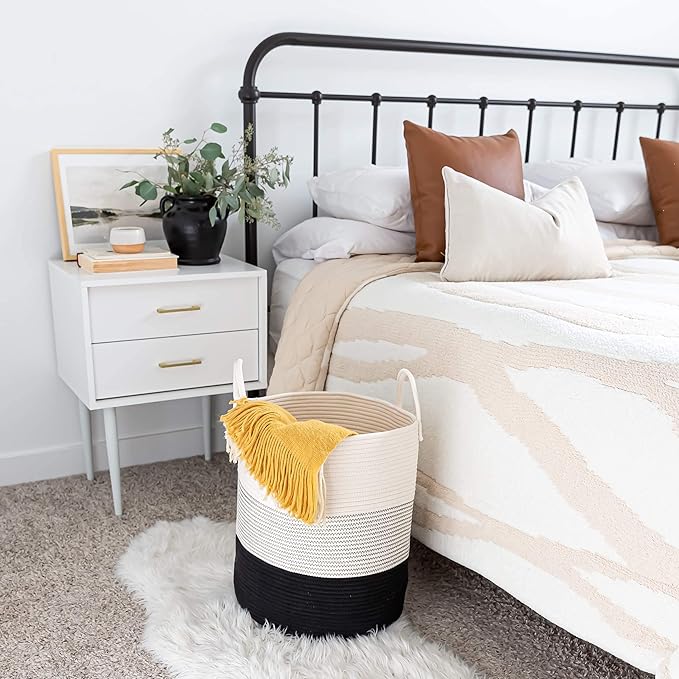 OrganiHaus Black & White Blanket Storage Basket for Living Room 15x18, Woven Nursery Hamper Basket, Large Toy Basket Storage for Kids, Laundry Hamper, Baby Laundry Basket, Cute Cotton Rope Basket