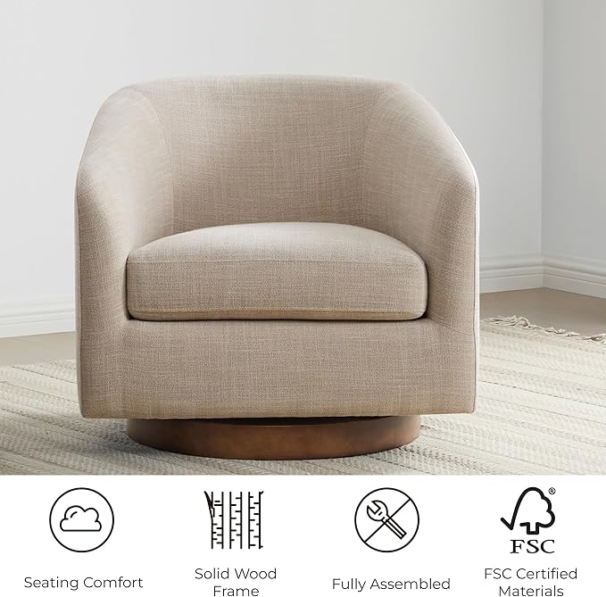 CHITA Swivel Accent Chair, FSC Certified Upholstered Fabric Barrel Chair for Living Room, Fully Assembled, Flax Beige
