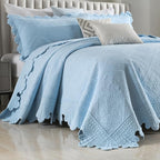 MarCielo 3-Piece 100% Cotton Oversized Bedspread Lightweight Quilt Coverlet Embroidery Farmhouse Bedding Set (TK Light Blue, Oversized King (118"x106"))
