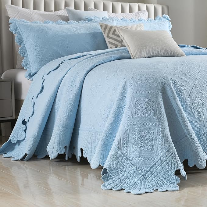 MarCielo 3-Piece 100% Cotton Oversized Bedspread Lightweight Quilt Coverlet Embroidery Farmhouse Bedding Set (TK Light Blue, Oversized King (118"x106"))