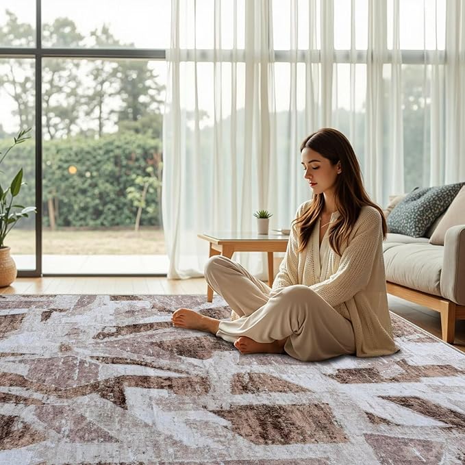 Modern Abstract 6X9 Area Rug for Living Room Bedroom Washable, with Non-Slip Rubber Backing Print Faux Wool Thin, Brown Throw Large Carpet for Kids Playroom Dining Room Pet & Child Friendly