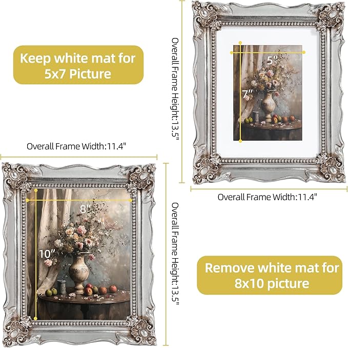 8x10 Vintage Picture Frame with Embossed Flower Design, Silver Ornate Frame for 8x10 or 5x7 Pictures with White Mat, Hand-Crafted Resin Antique Frames for Tabletop & Wall Hanging, Home Decor (Silver)