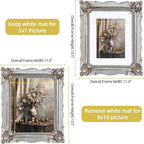 8x10 Vintage Picture Frame with Embossed Flower Design, Silver Ornate Frame for 8x10 or 5x7 Pictures with White Mat, Hand-Crafted Resin Antique Frames for Tabletop & Wall Hanging, Home Decor (Silver)