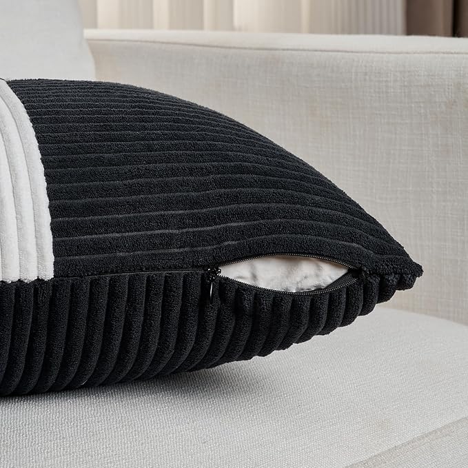 Fancy Homi Set of 2 Black White Samll Decorative Throw Pillow Covers 18x18 Inch with for Couch Bed Sofa Living Room, Soft Cross Patchwork Striped Corduroy Modern Square Cushion Case 45x45 cm