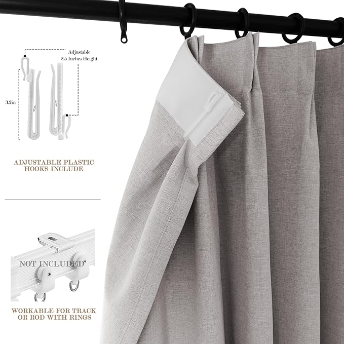 100" W x 96" L Faux Linen Room Divider Curtains, Full Blackout Pinch Pleated Drapes for Traverse Rod, Bedroom Divider Privacy Drapery with Hooks for Ceiling Track, 1 Panel, Browish Grey