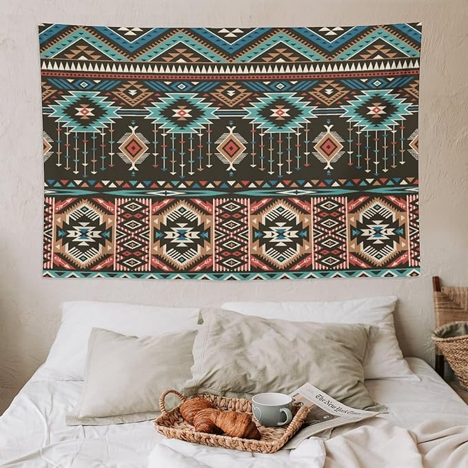 HZOHNAGO Aztec Tapestry Turquoise Blue and Brown and Native American Tribal Pattern Printed Wall Tapestry Wall Hanging for Bedroom Living Room Dorm 90" W x 60" H