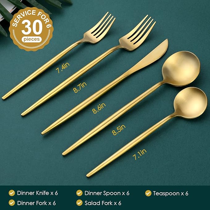 Matte Gold Silverware Set, OGORI 30-Piece Food Grade Stainless Steel Gold Flatware Set, Kitchen Utensil Set Service for 6, Tableware Cutlery Set for Home and Restaurant, Dishwasher Safe
